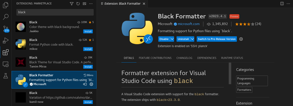 A screenshot of the VSCode extension installer with the Black formatter selected