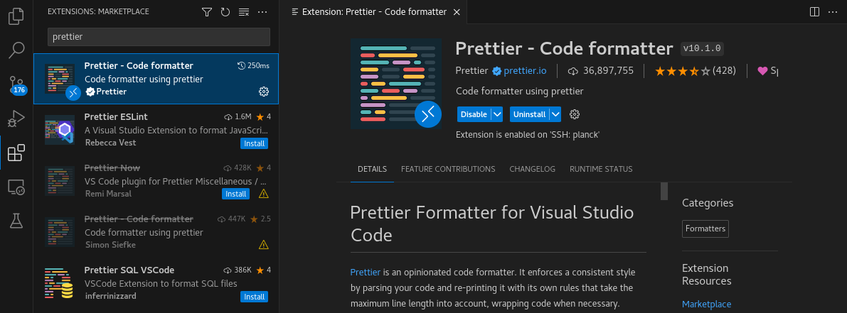 A screenshot of the VSCode extension installer with the Prettier formatter selected