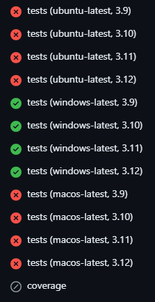 A screenshot of a GitHub Actions summary of 9 tests. The "windows-latest" tests have green check marks, indicating success, for all 3 versions of Python (3.10 to 3.12). The "ubuntu-latest" and "macos-latest" ones all have red x's, indicating failure.